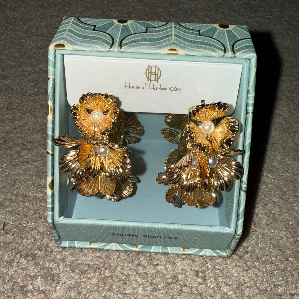 New House of Harlow 1960 Floral Gold Pearl Hoop Earrings